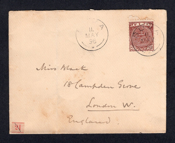 FIJI - 1896 - QV ISSUE: Cover franked with single 1891 2½d chocolate QV issue, perf 11 x 10 (SG 84) tied by fine strike of SUVA cds dated 11 MAY 1896 with second strike alongside. Addressed to UK with arrival cds on reverse. A scarce issue used on cover.  (FIJ/40468)