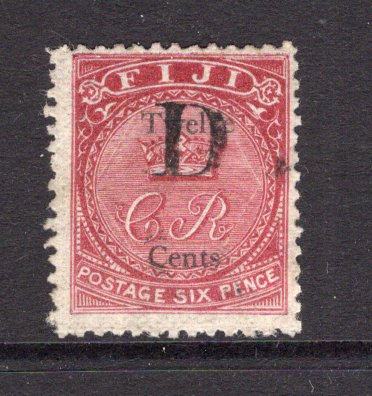 FIJI - 1872 - CLASSIC ISSUES: 12c on 6d carmine rose on 'Local Currency' overprint issue a fine used copy with large 'D' cancellation. (SG 15)  (FIJ/990)