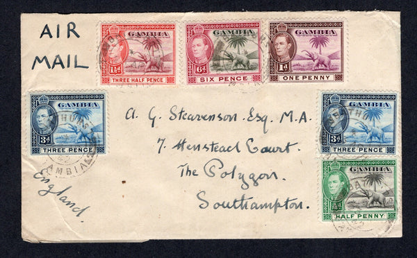 GAMBIA - 1942 - CENSORED MAIL: Cover franked with 1938 ½d black & emerald green, 1d purple & brown, 1½d brown lake & vermilion, 2 x 3d light blue & grey blue and 6d olive green & claret GVI issue (SG 150/151, 152b, 154 & 155) all tied by BATHURST cds's dated 23 AP 1942 and censored with printed black & white 'P.C.90 OPENED BY EXAMINER 5453' censor strip applied on reverse. Sent airmail to UK.  (GAM/40685)