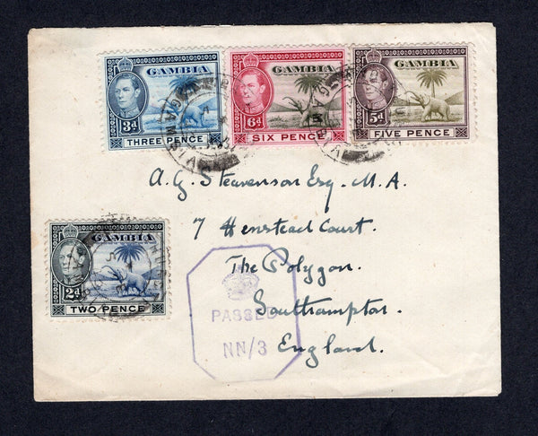 GAMBIA - 1943 - CENSORED MAIL: Cover franked with 1938 2d blue & black, 3d light blue & grey blue, 5d sage green & purple brown and 6d olive green & claret GVI issue (SG 153/154, 154a & 155) all tied by BATHURST cds's dated 5 FE 1943 and censored with fine strike of octagonal 'PASSED NN/3' censor mark in purple on front. Addressed to UK.  (GAM/40686)