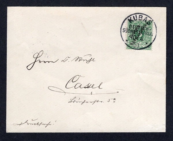 GERMAN COLONIES - SOUTH WEST AFRICA - 1901 - SOUTH WEST AFRICA - CANCELLATION: Cover franked with single 1897 5pf green with 'Deutsch Sudwest-Afrika' overprint (SG 2) tied by superb strike of KUBAS cds dated 10 / 4 1901. Addressed to GERMANY with arrival cds on reverse. Very fine.  (GER/26239)