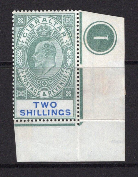 GIBRALTAR - 1903 - EVII ISSUE: 2/- green & blue EVII issue, a superb mint corner marginal copy with '1' plate number in margin. (SG 52)  (GIB/31167)