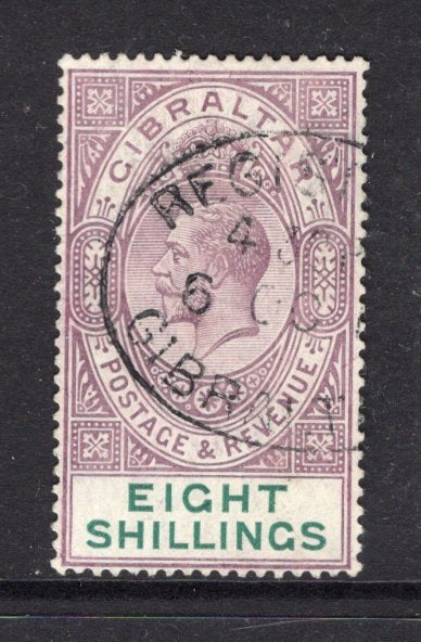 GIBRALTAR - 1912 - GV ISSUE: 8/- dull purple & green GV issue, a superb cds used copy. (SG 84)  (GIB/31305)
