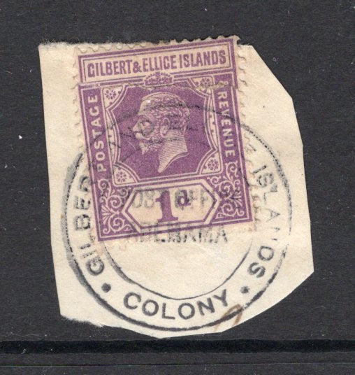 GILBERT & ELLICE ISLANDS - 1922 - CANCELLATION: 1d violet GV issue tied on piece by fine complete strike of undated GILBERT & ELLICE ISLANDS COLONY POST OFFICE ABEMAMA cancel in black. (SG 28)  (GIL/14713)