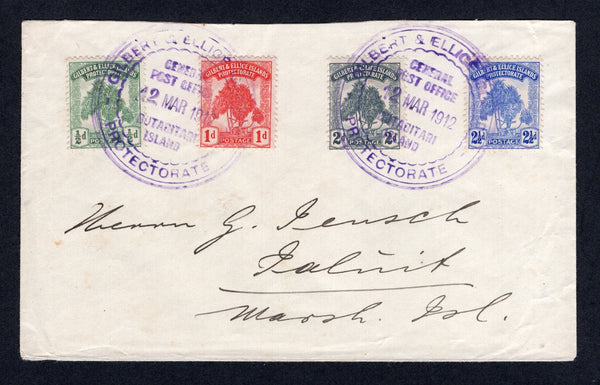 GILBERT & ELLICE ISLANDS - 1911 - PINES ISSUE: Cover franked with the 1911 'Pandanus Pine' issue set of four (SG 8/11) tied by two fine complete strikes large of GILBERT & ELLICE ISLANDS PROTECTORATE GENERAL POST OFFICE BUTARITARI ISLAND cds in purple dated 12 MAR 1912. Addressed to the MARSHALL ISLANDS with JALUIT arrival cds on reverse.  (GIL/38078)