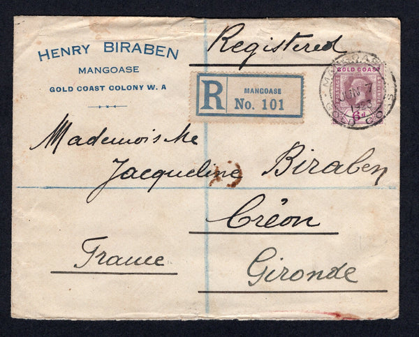 GOLD COAST - 1923 - CANCELLATION & REGISTRATION: Registered cover franked with single 1921 6d dull & bright purple GV issue (SG 94) tied by MANGOASE cds with printed blue on white 'MANGOASE' registration label alongside. Addressed to FRANCE with arrival cds on reverse.  (GLD/24124)