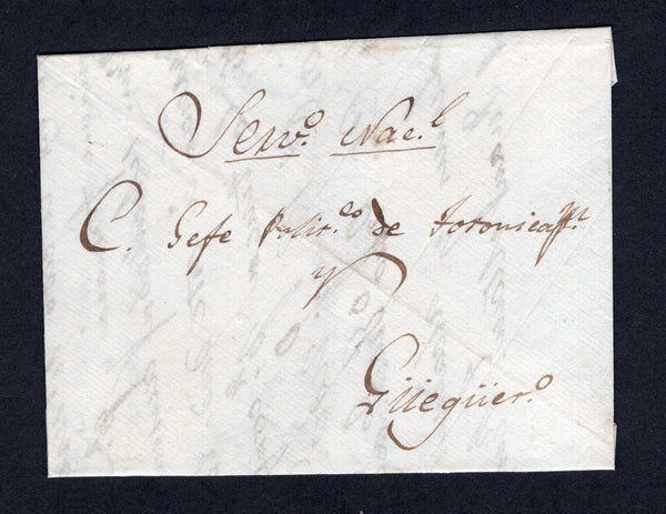GUATEMALA - 1824 - PRESTAMP: Small folded letter with 'SERV NACL' manuscript at top to indicate official status sent from HUEHUETENANGO with manuscript origination indicated inside, no postal or official markings. Addressed to the 'Political Chief' of TOTONICAPAN & HUEHUETENANGO. Unusual item.  (GUA/9428)