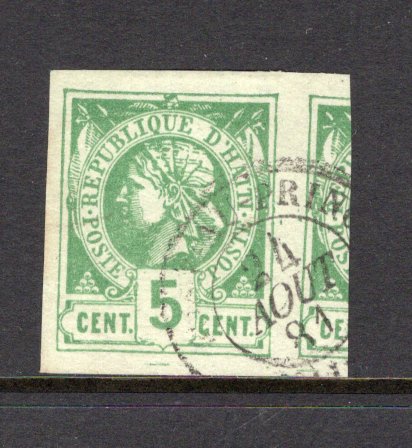 HAITI - 1881 - CLASSIC ISSUES: 5c yellow green on greenish 'Liberty Head' issue, a fine copy with huge margins including a quarter of the stamp at right used with PORT-AU-PRINCE cds dated 14 AOUT 1881, a very early date. (SG 4)  (HAI/41565)