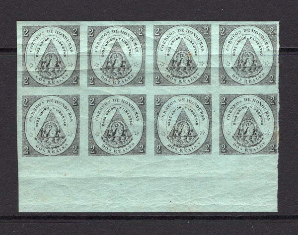 HONDURAS - 1866 - CLASSIC ISSUES & VARIETY: 2r black on green, a fine mint bottom marginal block of eight showing variety 'LOS' FOR 'DOS' on top left-hand stamp. Some creasing. (SG 1)  (HON/37375)