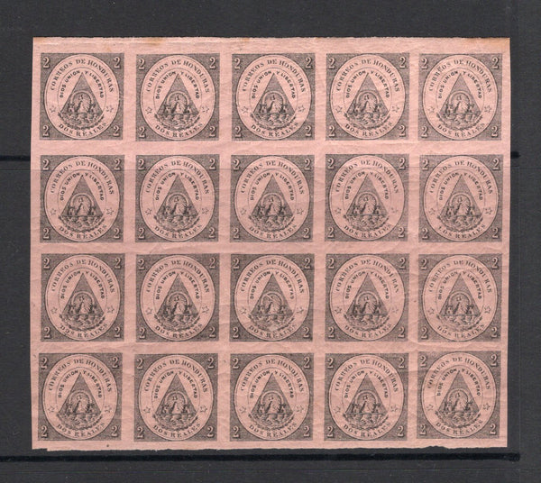 HONDURAS - 1866 - CLASSIC ISSUES & VARIETY: 2r black on rose, a fine mint block of twenty showing variety 'LOS' FOR 'DOS' on one stamp. Some creasing. (SG 2)  (HON/37377)