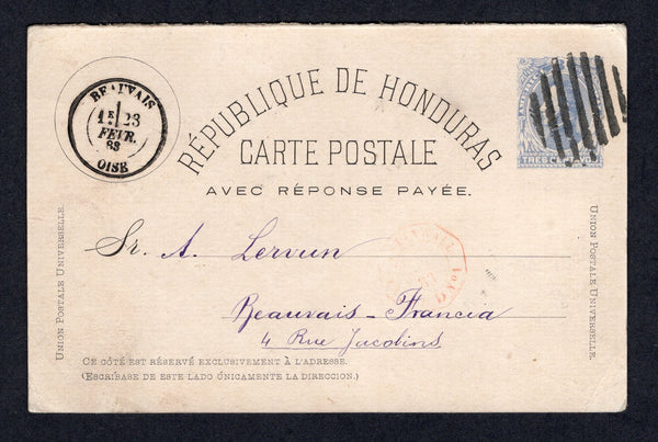 HONDURAS - 1883 - POSTAL STATIONERY: 3c + 3c pale lilac blue on white 'Morazan' postal stationery reply card (H&G 4, message half only) datelined 'Tegucigalpa Enero 3 de 1883' on reverse used with dumb circular 'Bars' cancel in black. Addressed to FRANCE with light strike of octagonal ASPINWALL PAQ FR D No.1 French maritime cds in red on front with French arrival cds dated 23 FEB 1883 alongside. A rare card in used condition.  (HON/41501)