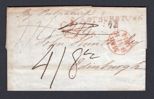 IRELAND - 1814 - MILEAGE MARK, ADDITIONAL ½ & INSPECTORS MARK: Complete folded letter datelined 'Arthurstown 27th March 1814' with manuscript 'By Port Patrick' with good strike of ARTHURSTOWN 75' mileage mark in brown on front and rated '1/2' and '2/4' both crossed through with good strike of red 'CROWN' INSPECTORS MARK alongside and finally rated '4/8½' which included an additional ½d to pay the 'Stagecoach Wheel Tax'. Addressed to EDINBURGH with arrival cds on front. A very unusual and high rate.  (IRE/3