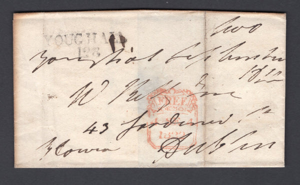 IRELAND - 1822 - PRESTAMP & OFFICIAL MAIL: 'Free' cover dated & signed on front with good strike of 'YOUGHALL 128' mileage mark in black with fine strike of boxed 'FREE' marking in red alongside. Addressed to DUBLIN.  (IRE/36923)