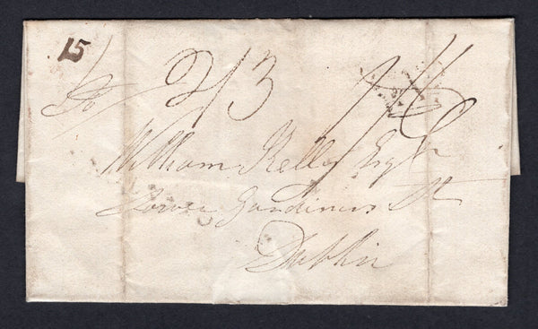 IRELAND - 1821 - PRESTAMP & INSPECTORS MARK: Cover datelined 'Mt Dillon July 4th 1821' on flap without an originating mark initially rated '1/6' in manuscript but crossed through with fair strike of 'CROWN A' INSPECTORS MARK in black over the rate and subsequently re-rated '2/3'. Addressed to DUBLIN.  (IRE/36977)