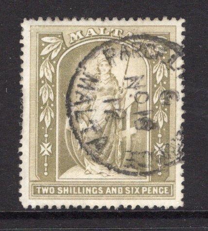 MALTA - 1899 - QV ISSUE: 2/6 olive grey 'Figure of Malta' issue, a fine cds used copy. (SG 34)  (MAL/26960)