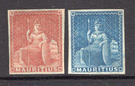 MAURITIUS - 1858 - CLASSIC ISSUES: Red brown & blue 'Britannia' issue PREPARED FOR USE BUT UNISSUED, both fine four margin copies unused. (SG 30/31)  (MAU/14442)