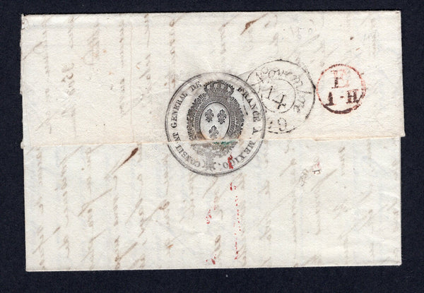 MEXICO - 1829 - PRESTAMP & CONSULAR MAIL: Stampless folded letter from MEXICO CITY with fine strike of 'CONSULAT GENERAL DE FRANCE A MEXICO' Arms cachet in black on reverse. Addressed to PARIS with 'NOVEMBRE 14 1829' arrival cds and small circular 'E 1-H' marking in red all on reverse. Rated '15' decimes in red on front. Very scarce.  (MEX/30372)