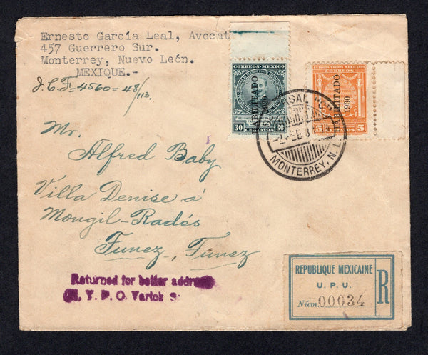 MEXICO - 1933 - REGISTRATION & DESTINATION: Registered cover franked with 1930 5c orange and 30c blue green with 'HABILITADO 1930' overprints (SG 486 & 489) tied by MONTERREY cds with printed blue on white 'UPU' registration label alongside and red 'Starburst' registration seal on reverse tied by various transit marks. Addressed to TUNISIA. A scarce issue used on cover and a very unusual destination.  (MEX/36382)