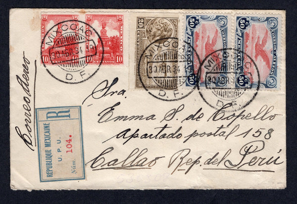 MEXICO - 1934 - AIRMAIL, REGISTRATION & DESTINATION: Registered cover franked with 1923 pair 10c rose carmine, pair 1927 50c brown red & indigo AIR issue and 1929 20c sepia AIR issue (SG 442, 456 & 479) tied by MIXCOAC cds's with printed blue on white registration label alongside. Sent airmail to PERU with two blue 'Starburst' OFFICIAL SEALS on reverse tied by various markings including oval CALLAO, PERU arrival marks.  (MEX/39142)