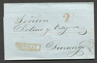 MEXICO - 1847 - PRESTAMP: Stampless cover from PARRAL to DURANGO with fine strike of boxed straight line PARRAL marking in red with '2' rate marking alongside.  (MEX/9962)