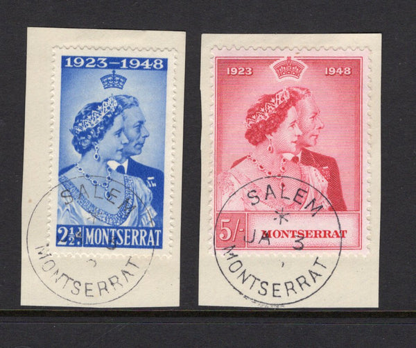 MONTSERRAT - 1949 - CANCELLATION: GVI 'Silver Wedding' pair tied on two pieces by fine strikes of SALEM MONTSERRAT cds dated JAN 3 1949, the first day of issue. (SG 115/116)  (MNT/39288)