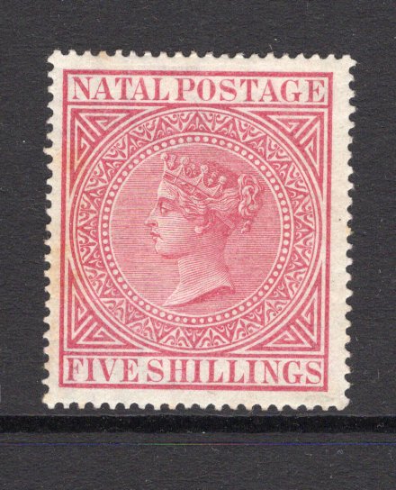 NATAL - 1874 - QV ISSUE: 5/- rose QV issue, a good mint copy, light tone patch along left side but hardly visible from front. (SG 72)  (NAT/14557)