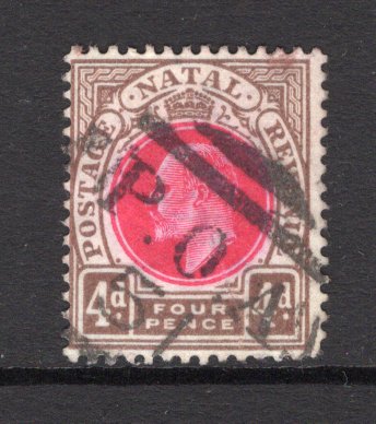 NATAL - 1887 - CANCELLATION: 4d carmine & cinnamon EVII issue, a fine used copy with central strike of 'P.O.A. 51' cancel of MARIANNHILL. Stamp has ever so slightly rounded corner. (SG 133)  (NAT/30614)