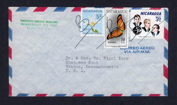 NICARAGUA - ZELAYA - 1967 - CANCELLATION: Circa 1967. Airmail cover with green 'Instituteo Biblico Moravo, Bilwas-Karma, Rio Coco, Nicaragua' return address handstamp at top left franked with 1964 30c, 1967 10c and 1962 5c 'Tax' issue (SG 1508, 1581 & 1452) tied by manuscript 'B' cancels for 'BILWAS'. Addressed to USA. Scarce & unusual.  (NIC/23763)