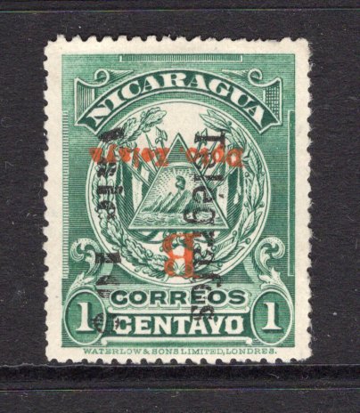 NICARAGUA - ZELAYA - 1908 - TELEGRAPH & VARIETY: 10c on 1c green 'Telegrafos' overprint issue with variety 'B Dpto Zelaya' OVERPRINT INVERTED, a fine unused copy. Rare and unlisted in Barefoot.  (NIC/28668)