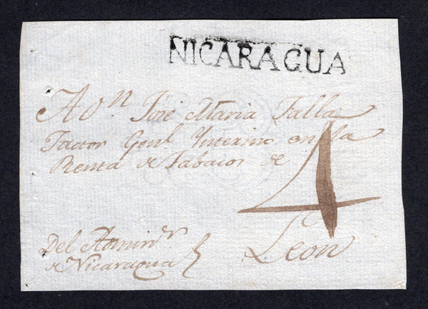 NICARAGUA - 1820 - PRESTAMP: Circa 1820. 'Tobacco' FRONT from RIVAS to LEON with fine strike of straight line 'NICARAGUA' marking in black (Nicaragua was the original Spanish colonial name for Rivas). Rated '4' in manuscript. Fine.  (NIC/28729)