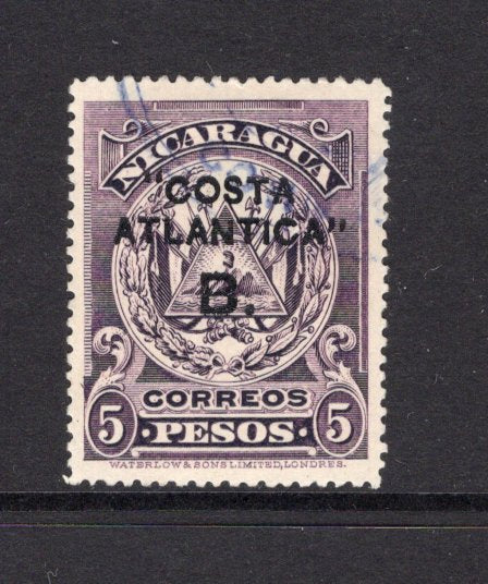 NICARAGUA - ZELAYA - 1907 - BLUEFIELDS: 5p dull purple 'COSTA ATLANTICA B' overprint issue a fine used copy. (SG B55)  (NIC/4933)