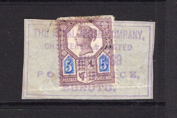 NIGERIA - NIGER COMPANY TERRITORIES - 1899 - GREAT BRITAIN USED IN NIGERIA & CANCELLATION: 5d dull purple & blue QV issue of Great Britain used on piece with superb complete strike of large boxed THE ROYAL NIGER COMPANY CHARTERED & LIMITED POST OFFICE BURUTU cancel dated 17 AUG 1899. Scarce. (SG Z63)  (NIG/14826)