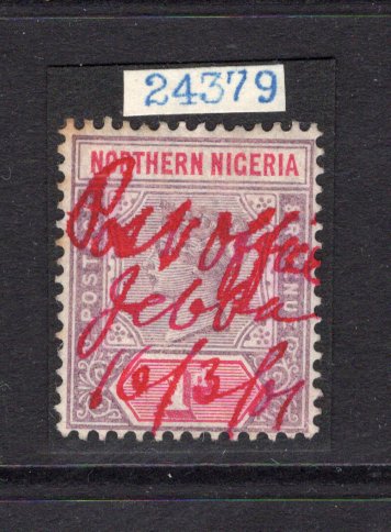 NIGERIA - NORTHERN NIGERIA - 1900 - CANCELLATION: 1d dull mauve & carmine QV issue used with fine 'Post Office Jebba 16/3/01' manuscript cancel in red. Scarce. 1954 BPA Certificate accompanies. (SG 2)  (NIG/14847)