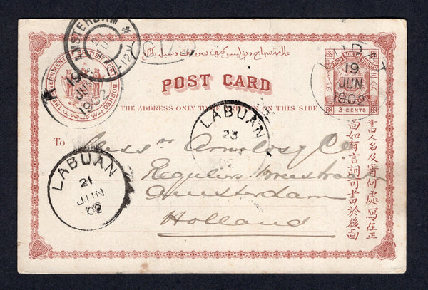 NORTH BORNEO - 1902 - POSTAL STATIONERY & CANCELLATION: 3c red brown on white postal stationery card (H&G 2) used with KUDAT cds dated 19 JUN 1902. Addressed to HOLLAND with two strikes of LABUAN transit cds and Dutch arrival cds all on front. Full commercial message on reverse. Very scarce.  (NRB/40099)