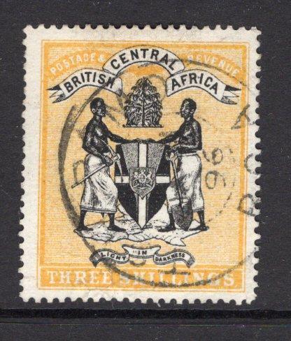 NYASALAND - 1895 - BRITISH CENTRAL AFRICA: 3/- black & yellow 'Arms of the Protectorate' issue, no watermark. A fine used copy with TSHIROMO cds dated JAN 11 1896. Small thin on reverse. (SG 27)  (NYA/14982)