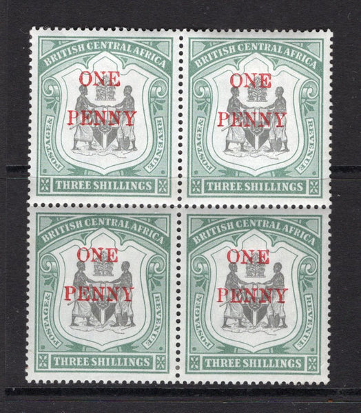 NYASALAND - 1897 - BRITISH CENTRAL AFRICA - MULTIPLE: 1d on 3/- black & sea green 'Arms' issue, a fine mint block of four. (SG 53)  (NYA/14993)