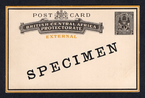NYASALAND - 1895 - POSTAL STATIONERY: 2d black & yellow on white postal stationery card (H&G 5) with large 'SPECIMEN' overprint. A fine example.  (NYA/21865)
