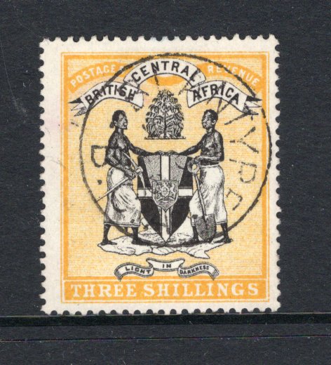 NYASALAND - 1895 - BRITISH CENTRAL AFRICA: 3/- black & yellow 'Arms of the Protectorate' issue, no watermark. A fine used copy with central BLANTYRE cds. (SG 27)  (NYA/38074)