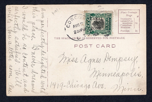 PANAMA - CANAL ZONE - 1906 - CANCELLATION: Coloured PPC 'Mango Tree in Gorgona, Canal Zone, Panama' franked on message side with 1906 1c black & green (SG 26) tied by GORGONA C.Z. duplex cds. Addressed to USA.  (PAN/10436)