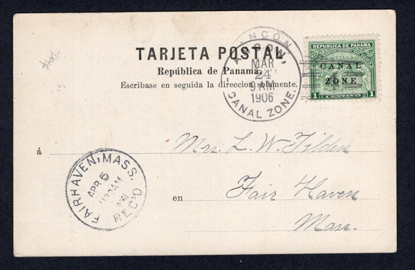 PANAMA - CANAL ZONE - 1906 - OVERPRINT ISSUE: Black & white PPC 'Panama - Calle de Caldas' franked on message side with 1904 1c green of Panama with 'CANAL ZONE' overprint (SG 9) tied by fine ANCON cds dated MAR 24 1906. Addressed to USA with arrival cds on front.  (PAN/24777)