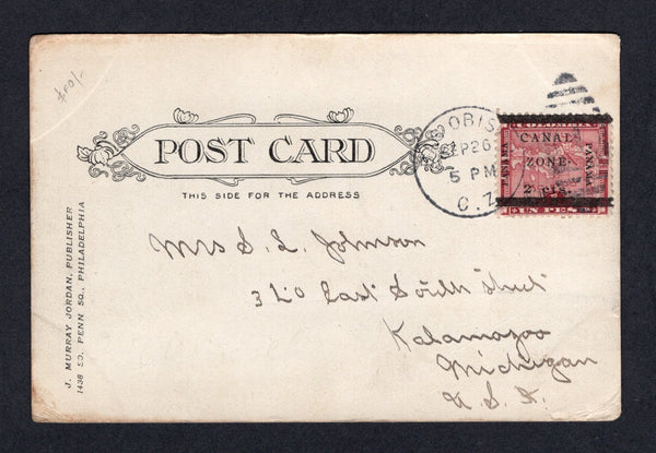 PANAMA - CANAL ZONE - 1906 - PROVISIONAL ISSUE: Black & white PPC 'Bird's Eye vie of Culebra and vicinity, Panama' franked on message side with 1906 2c on 1p lake MAP issue (Type 1, SG 22) tied by fine CRISTOBAL duplex cancel dated SEP 26 1906. Addressed to USA.  (PAN/26827)