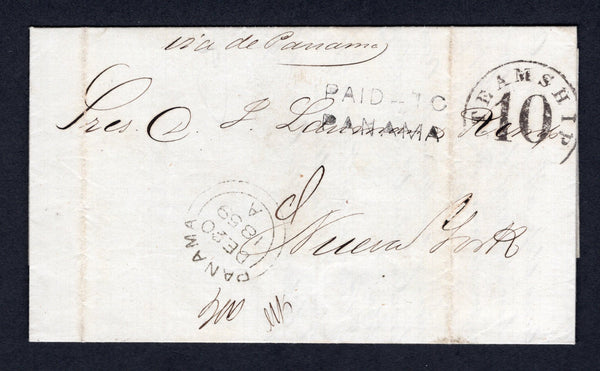 PANAMA - 1859 - BRITISH POST OFFICE & VIA PANAMA MAIL: Complete stampless folded letter from Peru datelined 'Lima, Dicb 12 1859' sent via the British P.O. in Panama with fine strike of the PANAMA British Post Office cds dated DEC 20 1859 on front with two line 'PAID TO PANAMA' marking alongside. Addressed to USA with NY 'STEAMSHIP 10' arrival marking also on front.  (PAN/37971)