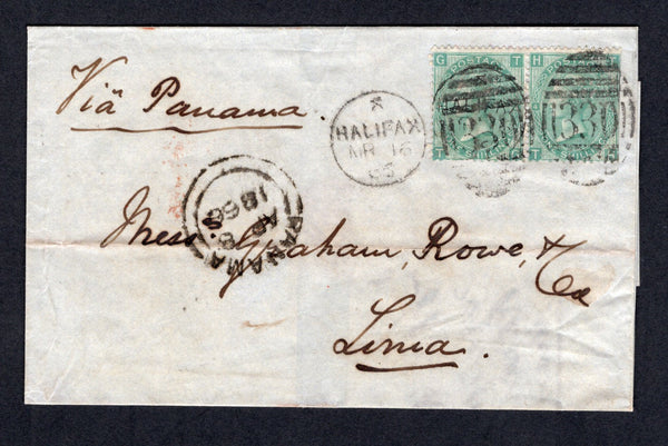 PANAMA - 1866 - BRITISH POST OFFICE & VIA PANAMA MAIL: Cover franked with pair Great Britain 1865 1/- green QV issue, Plate 4 (SG 101) tied by HALIFAX '330' duplex cancels dated MAR 16 1866. Addressed to LIMA, PERU sent via the British P.O. in Panama with fine strike of the PANAMA arc British Post Office cds dated APR 8 1866 on front and LIMA arrival cds on reverse.  (PAN/40144)