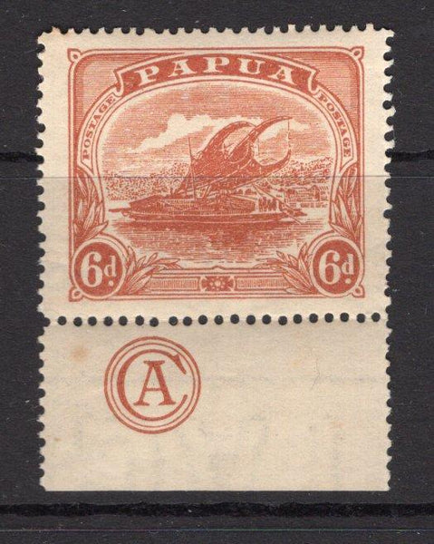 PAPUA NEW GUINEA - 1911 - LAKATOI ISSUE: 6d orange brown 'Lakatoi' issue, a fine mint marginal copy with 'CA' (Commonwealth of Australia) Monogram in margin. (SG 89)  (PAP/23495)