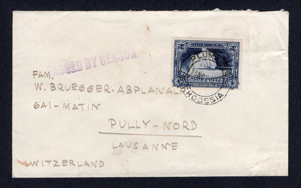 RHODESIA - SOUTHERN RHODESIA - 1939 - CANCELLATION & CENSORSHIP: Cover franked with single 1932 3d deep ultramarine 'Victoria Falls' issue (SG 30) tied by PLUMTREE cds dated 18 NOV 1939. Addressed to SWITZERLAND with straight line 'PASSED BY CENSOR' marking in purple on front.  (RHO/40839)
