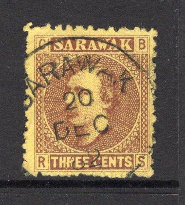 SARAWAK - 1871 - CLASSIC ISSUES & CANCELLATION: 3c brown on yellow 'Rajah Charles Brooke' issue a fine used copy with central SARAWAK cds dated 20 DEC 1882 of the KUCHING G.P.O. (SG 2)  (SAR/15742)