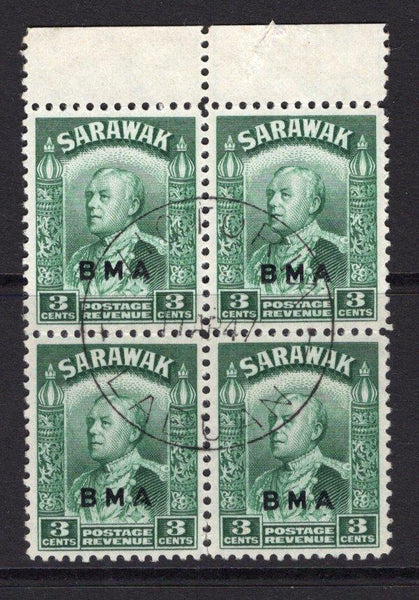 SARAWAK - 1945 - MULTIPLE & USED IN LABUAN: 3c green with 'B.M.A.' overprint, a fine used top marginal block of four with central VICTORIA LABUAN cds dated 11 APR 1947. (SG 128)  (SAR/15760)