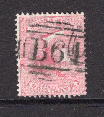 SEYCHELLES - 1863 - MAURITIUS USED IN THE SEYCHELLES: 4d rose QV issue of Mauritius, wmk Crown CC used in the SEYCHELLES with fine full strike of 'B64' barred numeral cancel. (SG Z20)  (SEY/2249)