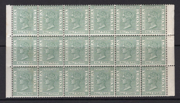 SIERRA LEONE - 1884 - MULTIPLE: ½d dull green QV issue, a fine mint block of eighteen comprising three complete rows of the sheet with sheet margins on both sides. (SG 27)  (SIE/15818)