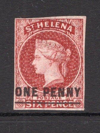 SAINT HELENA - 1863 - CLASSIC ISSUES: 1d on 6d lake QV issue, 'Type B' with Bar 18½-19mm long, imperf, a fine mint copy with four good margins. (SG 4)  (STH/15606)